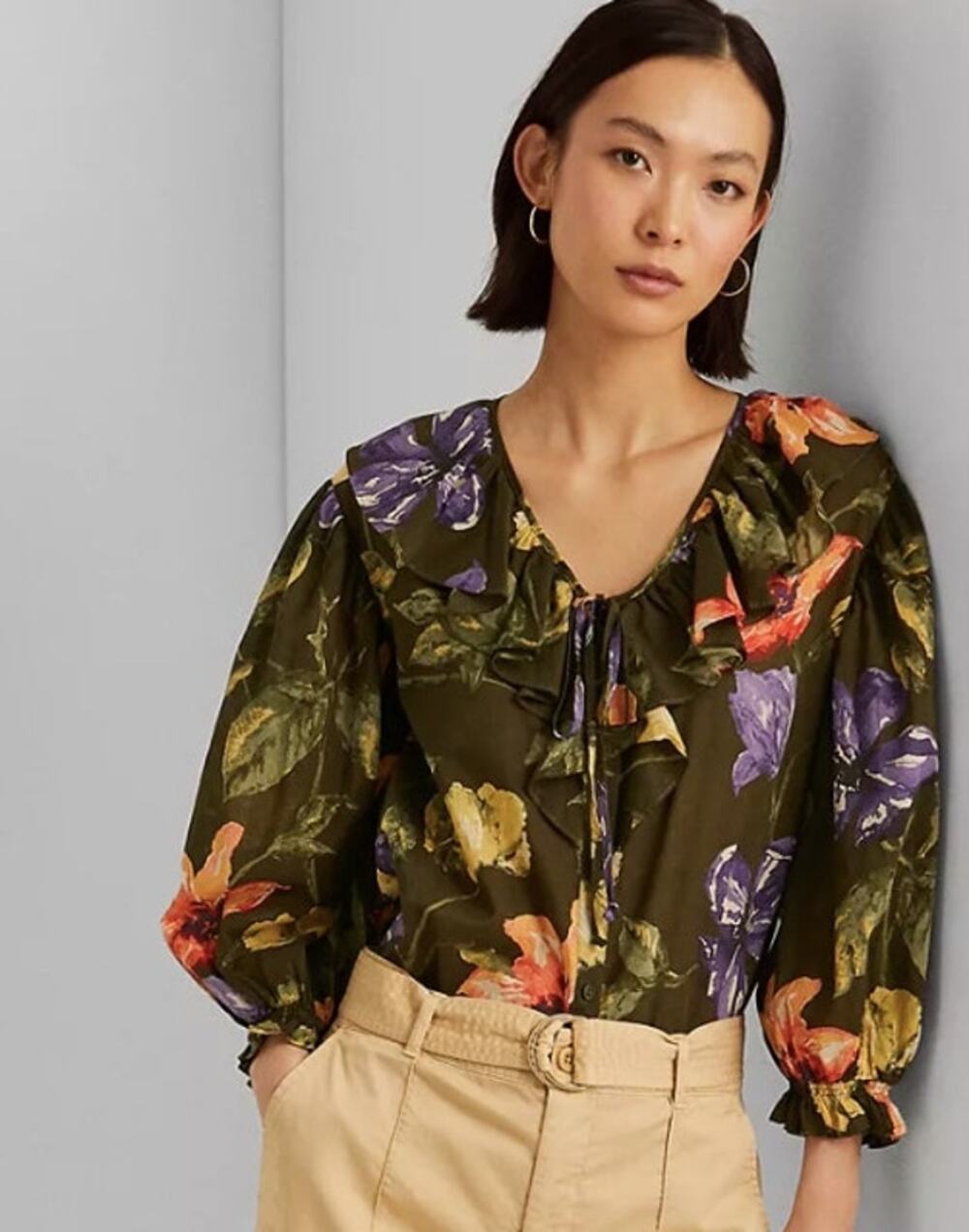 Lauren Ralph Lauren Green Floral Cotton Voile Blouse Size S